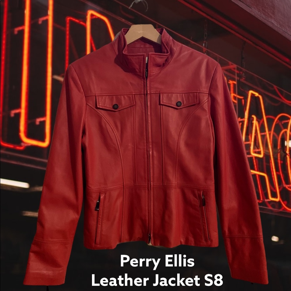 VINTAGE PERRY ELLIS BIKER LEATHER JACKET FOR WOMEN BURNT ORANGE SIZE 8